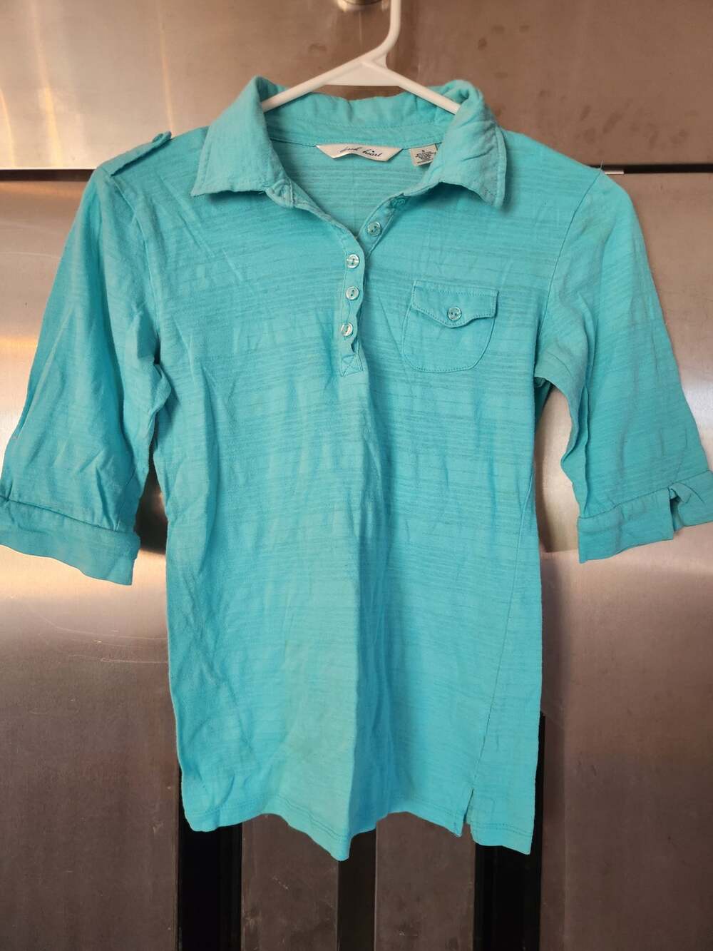 Derek Heart Womens Polo Style Top Size S Teal Chest Pocket Rolled Sleeve Cotton